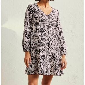 NWOT Boden 100% Linen V-Neck Flippy Dress Black White Floral Size 8L